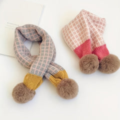 Knitted Small Plaid Hair Ball Warm Scarf 78x13in
