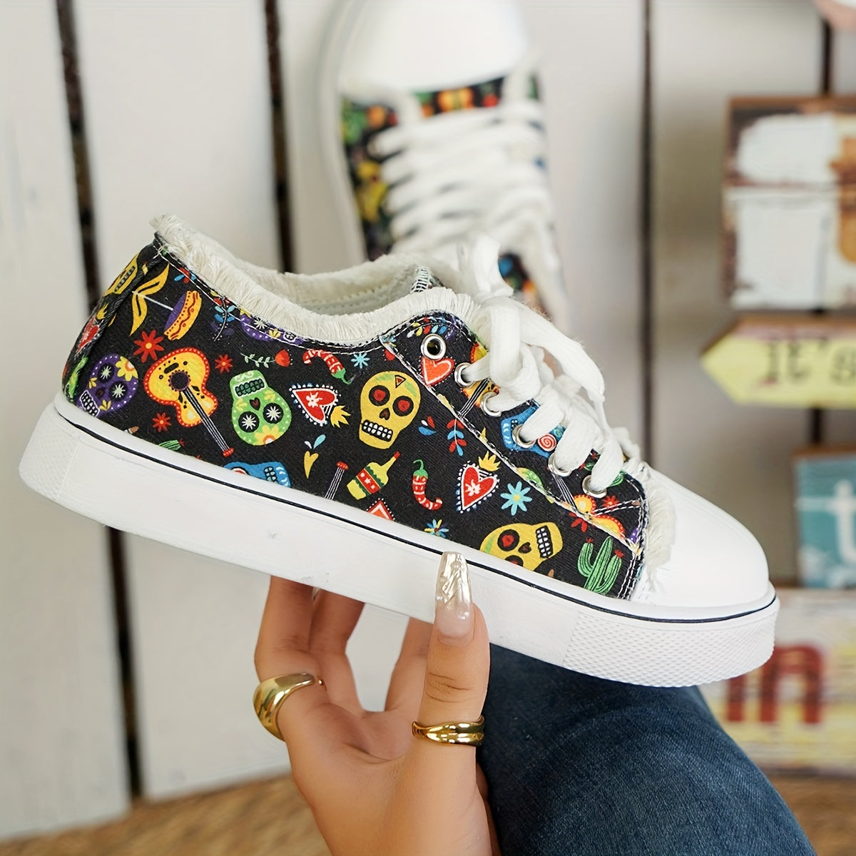 Women's Skull Canvas Sneakers Halloween Lace Up Flats