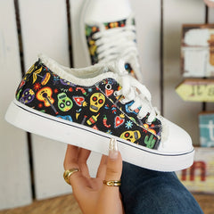 Women's Skull Canvas Sneakers Halloween Lace Up Flats