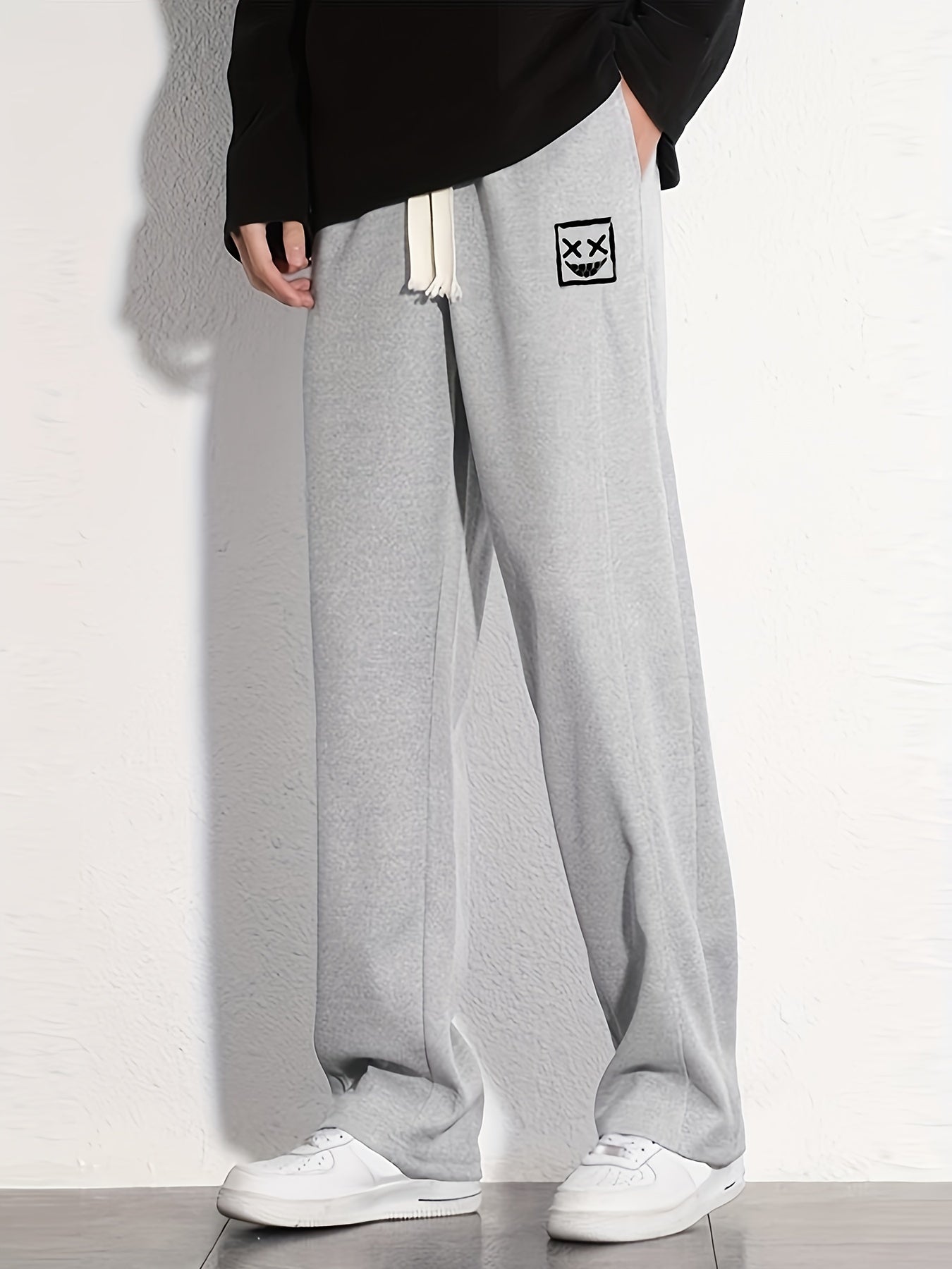 Grin Face Cotton Sweatpants Men's Casual Solid Loose Fit Drawstring Pants