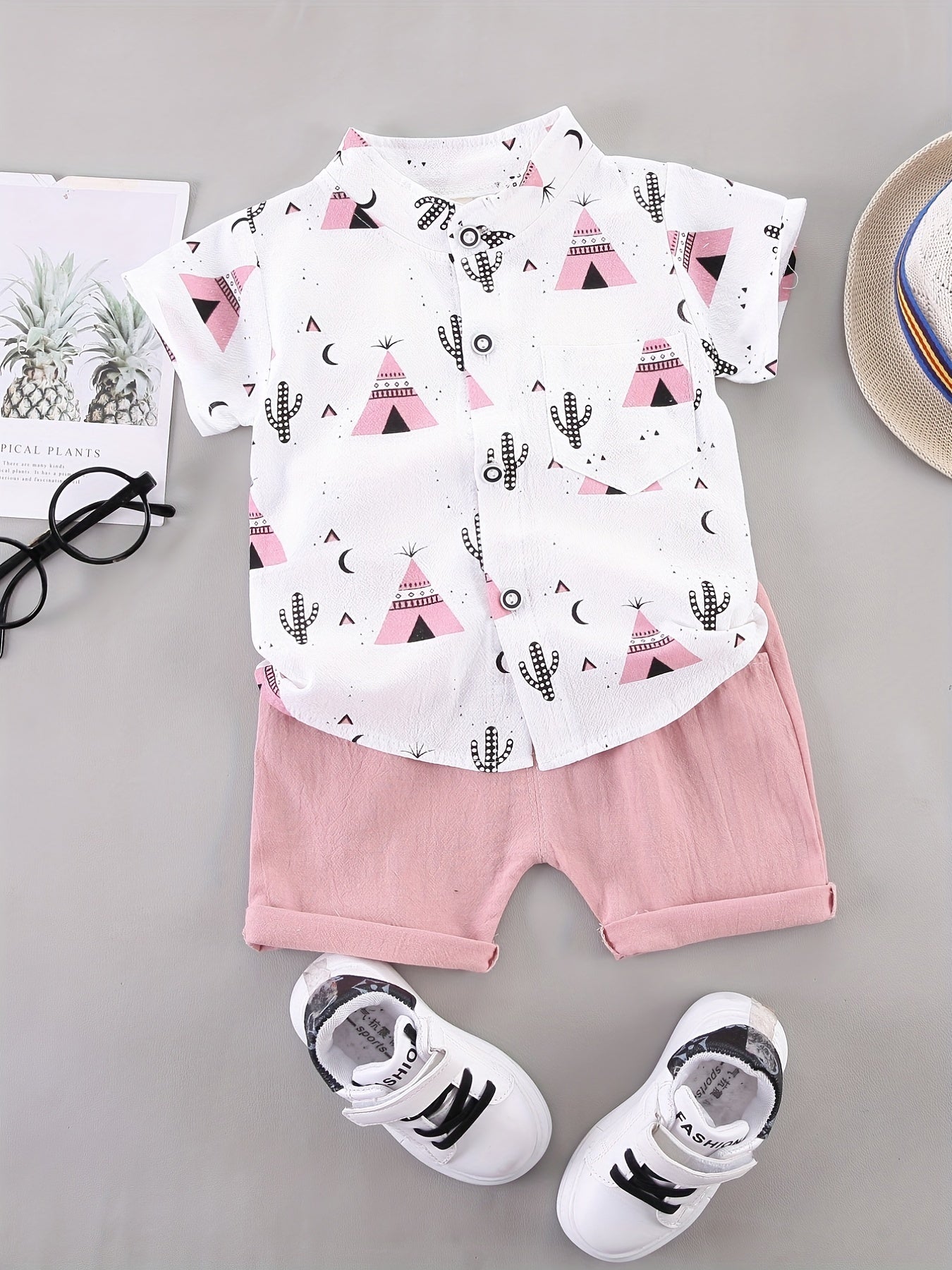 2pcs Baby Boys Cactus Print Short Sleeve Shirt & Shorts Set