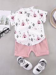 2pcs Baby Boys Cactus Print Short Sleeve Shirt & Shorts Set