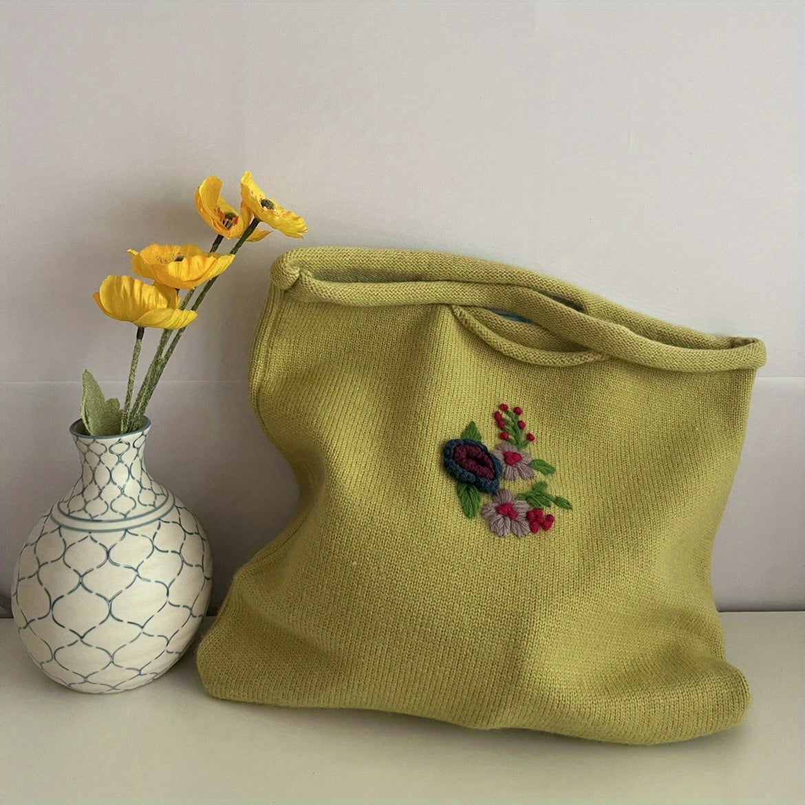 Flower Embroidery Crochet Bag Knitted Handbags Large Shopping Bag