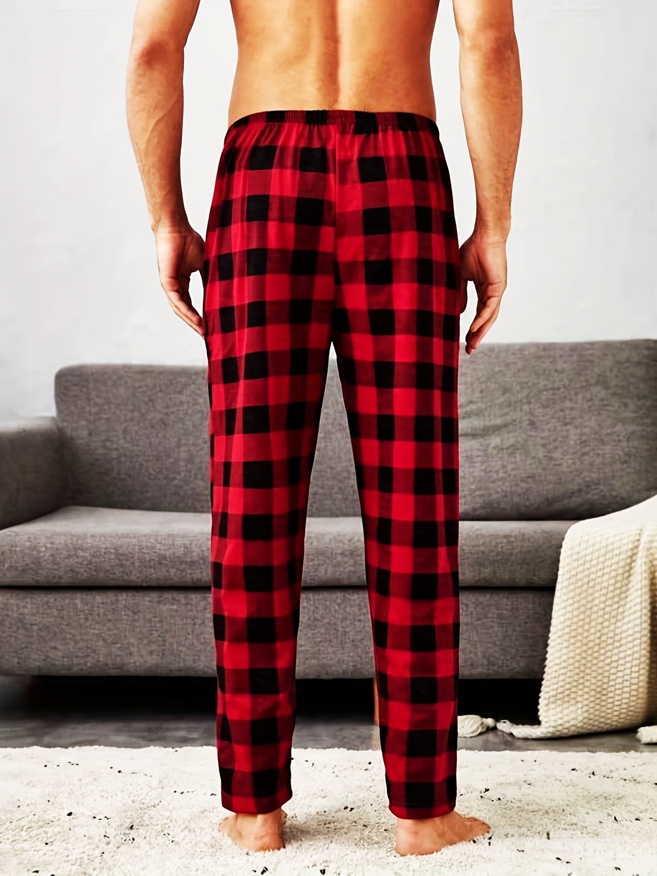 Men's Plaid Elastic Waist Pants Straight Leg Retro Casual Trousers