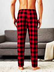 Men's Plaid Elastic Waist Pants Straight Leg Retro Casual Trousers