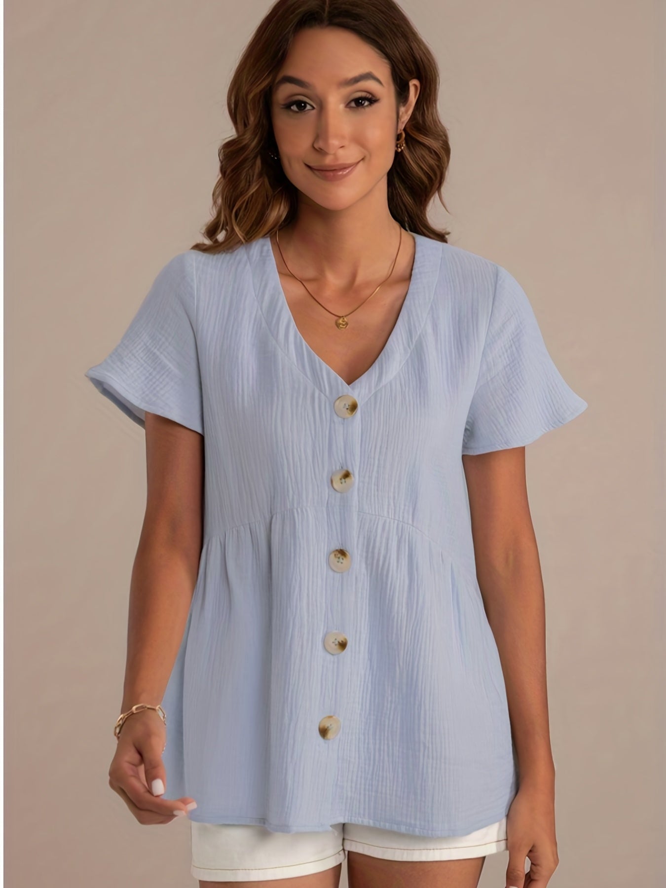 V Neck Button-Up Blouse