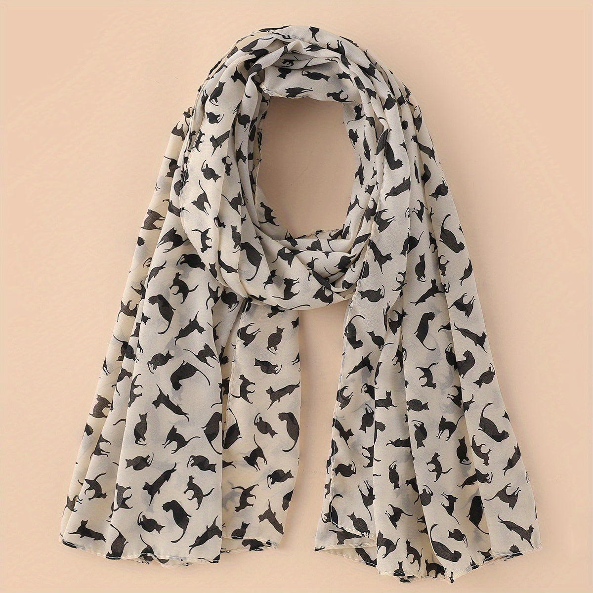Vintage Cartoon Cat Print Chiffon Scarf Solid Shawl Headwrap