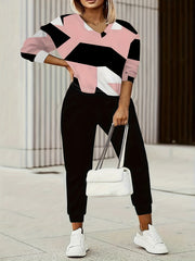 Women's Plus Geometric Print V Neck Top & Pants Outfits 2 Piece Set