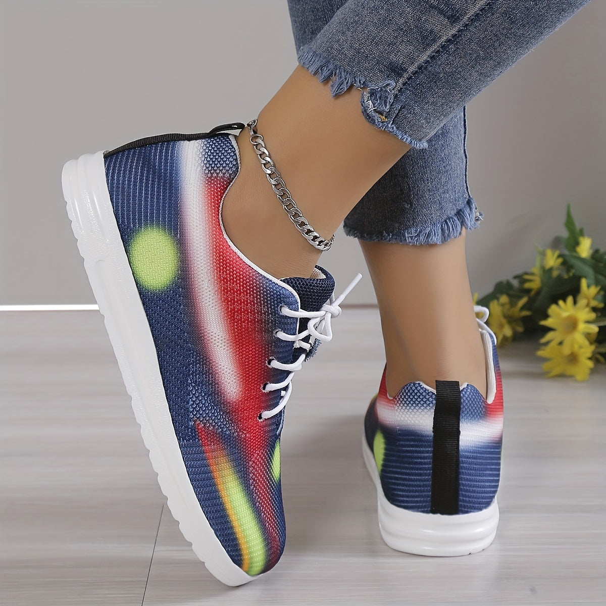 Women's Abstract Pattern Mesh Sneakers Lace Up Casual Slip On Trainers