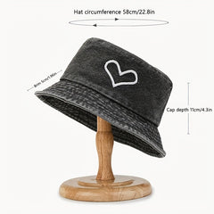 Denim Heart Embroidery Bucket Hat Distressed Couple Cap