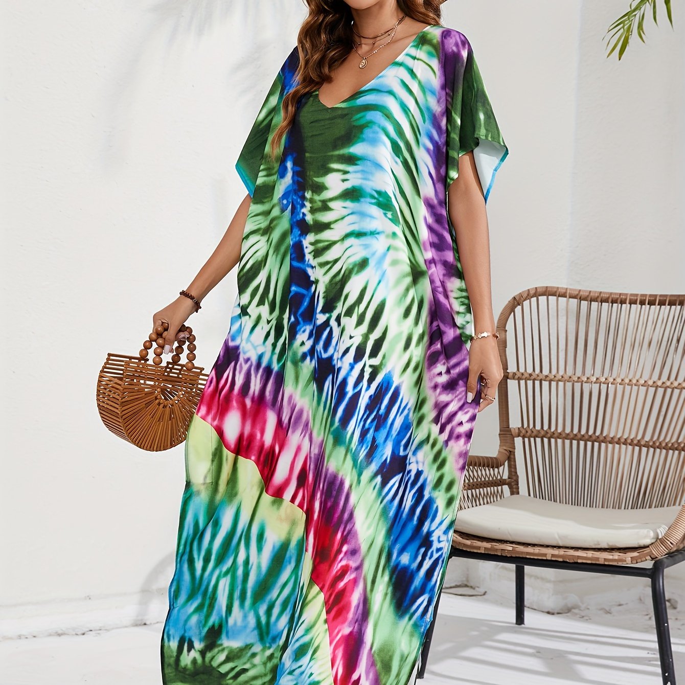 Tie Dye Batwing Sleeve V Neck Kaftan Beach Cover Up Dress