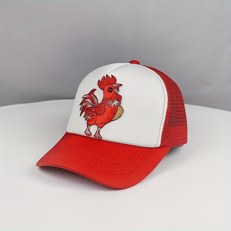 Red Cock Patch Trucker Hat Animal Pattern Mesh Baseball Cap Adjustable