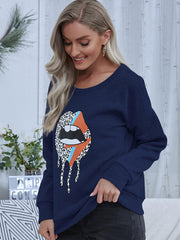 Casual Lip Pattern Print Sweater Crew Neck Top