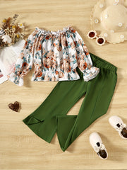 Toddler Girls Art Flowers Off The Shoulder Top and Pants Set