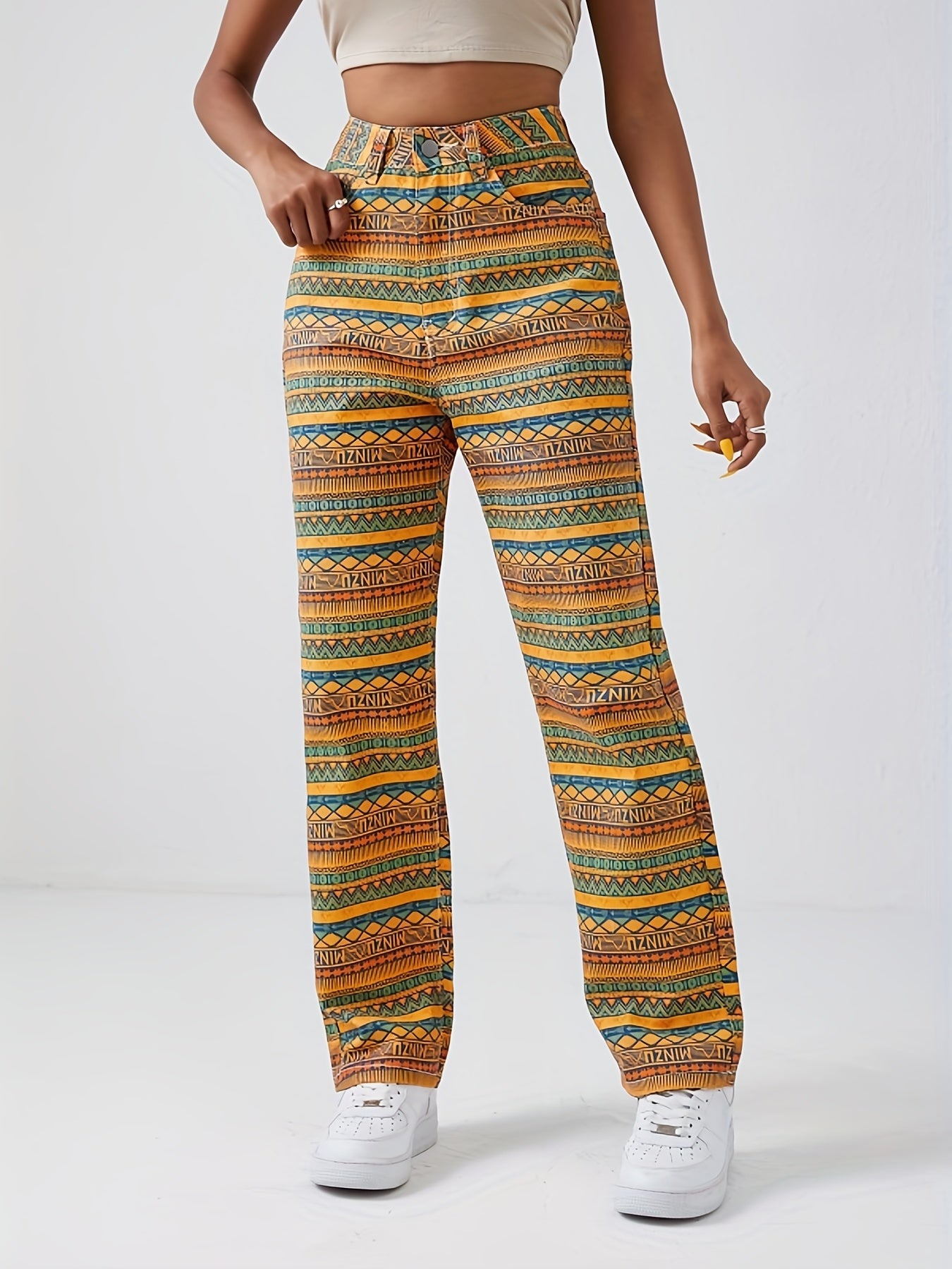 Geometric Striped Print Straight Jeans Loose Fit Non Stretch