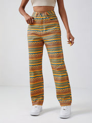 Geometric Striped Print Straight Jeans Loose Fit Non Stretch