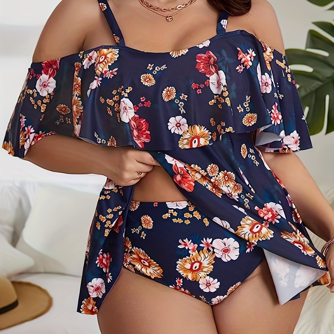 Floral Print Cold Shoulder Tankini Set