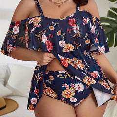 Floral Print Cold Shoulder Tankini Set