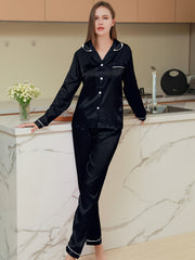 Satin Pajama Set Long Sleeve Top & Elastic Waistband Pants