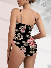 Floral Print V neck Cami Bodysuit Sexy Scallop Trim