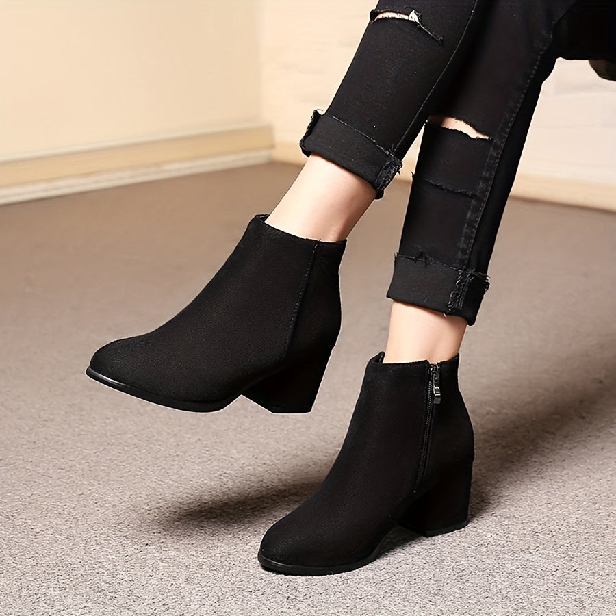 Women's Suede Short Boots Block Heel Round Toe Side Zipper Shoes