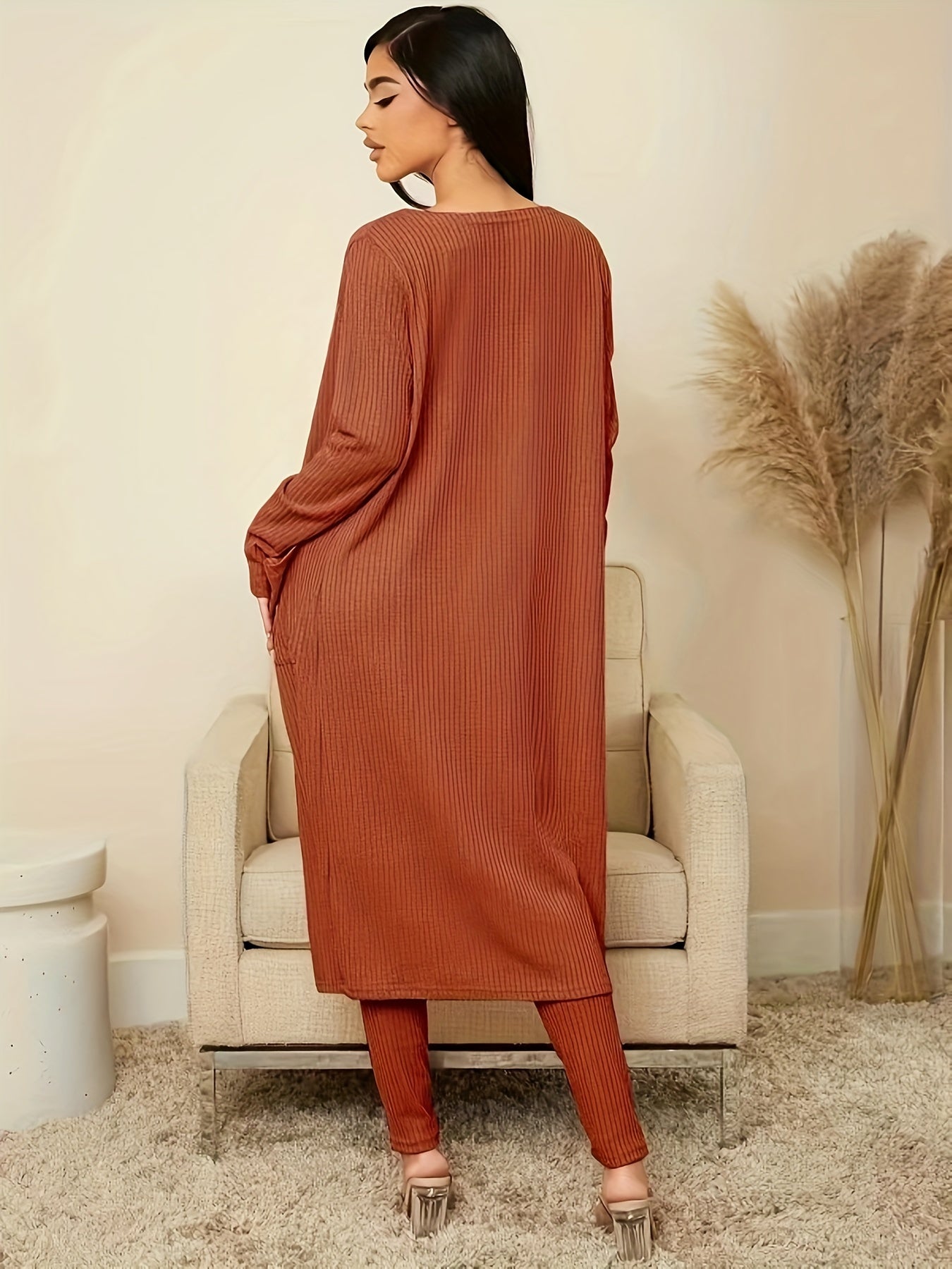 Ribbed Pajama Set Long Sleeve Robe & Cami Top & Pants