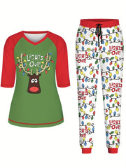 Christmas Cartoon Cat Print Lounge Set Long Sleeve Top & Pants Women's Pajamas
