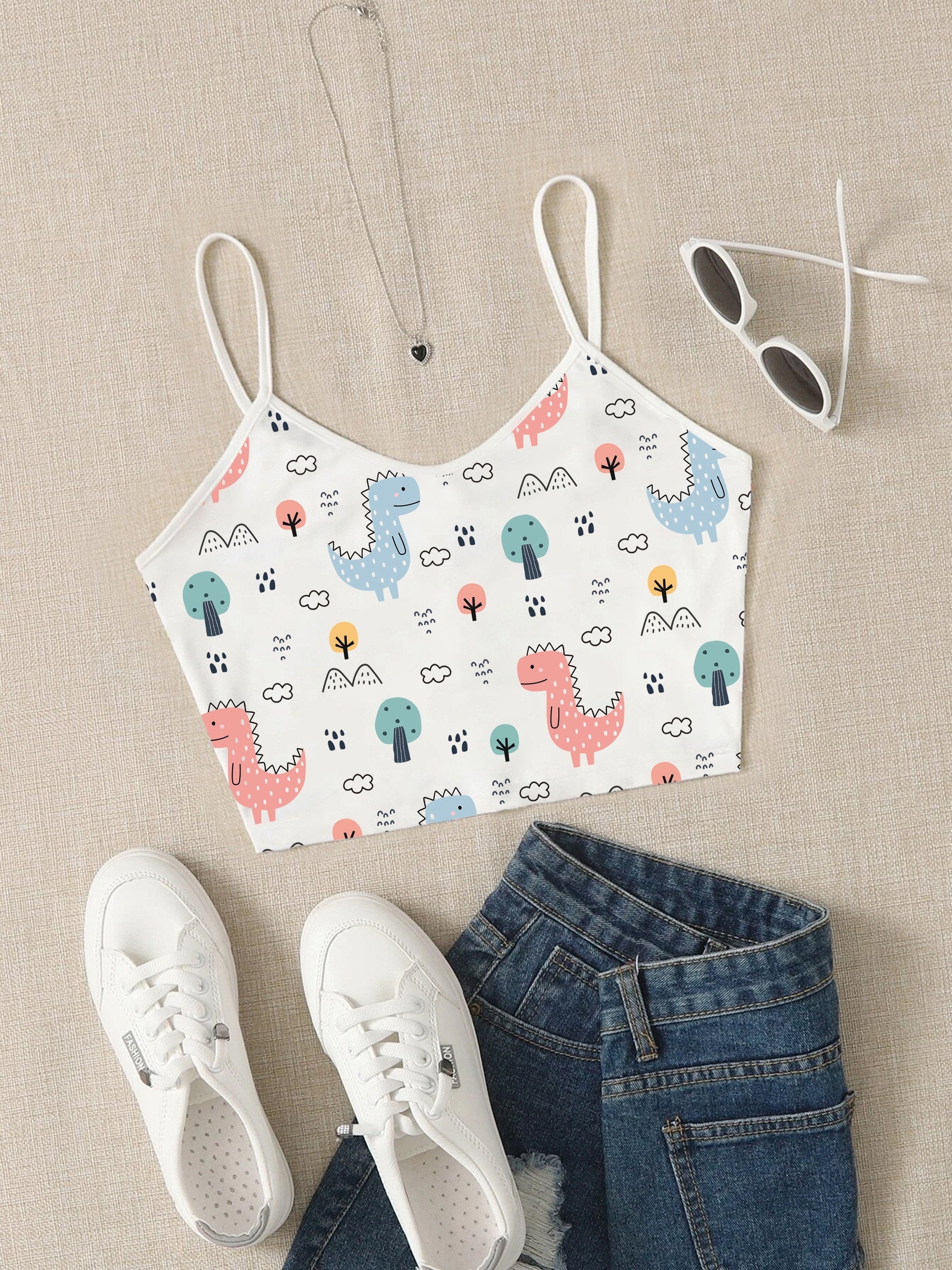 Dinosaur Print Crop Cami Top V Neck Spaghetti Strap Top