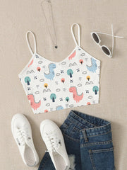 Dinosaur Print Crop Cami Top V Neck Spaghetti Strap Top