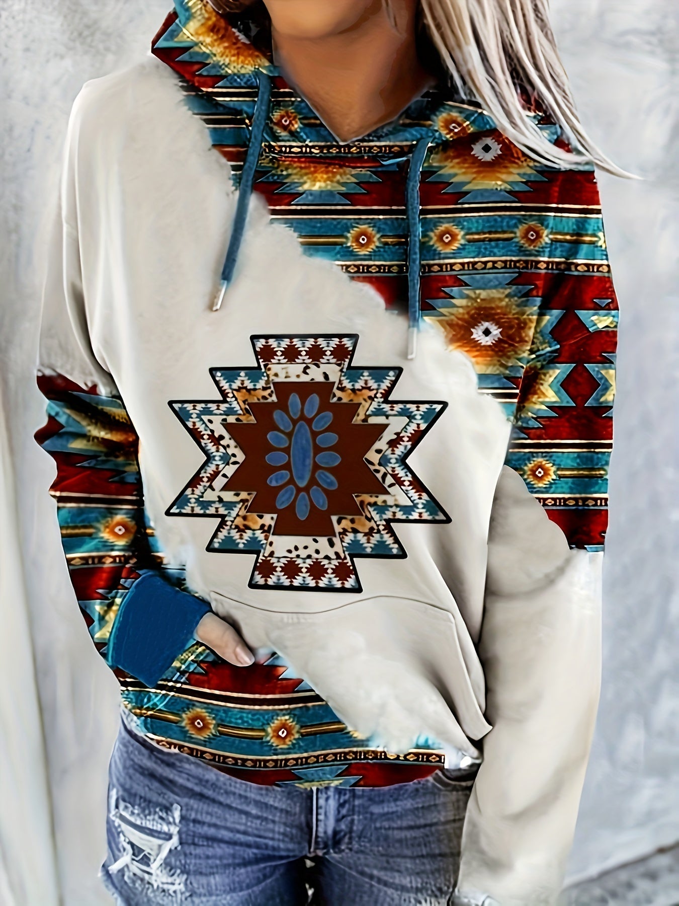 Ethnic Print Kangaroo Pocket Hoodie Long Sleeve Drawstring Hoodies