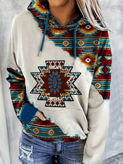 Ethnic Print Kangaroo Pocket Hoodie Long Sleeve Drawstring Hoodies