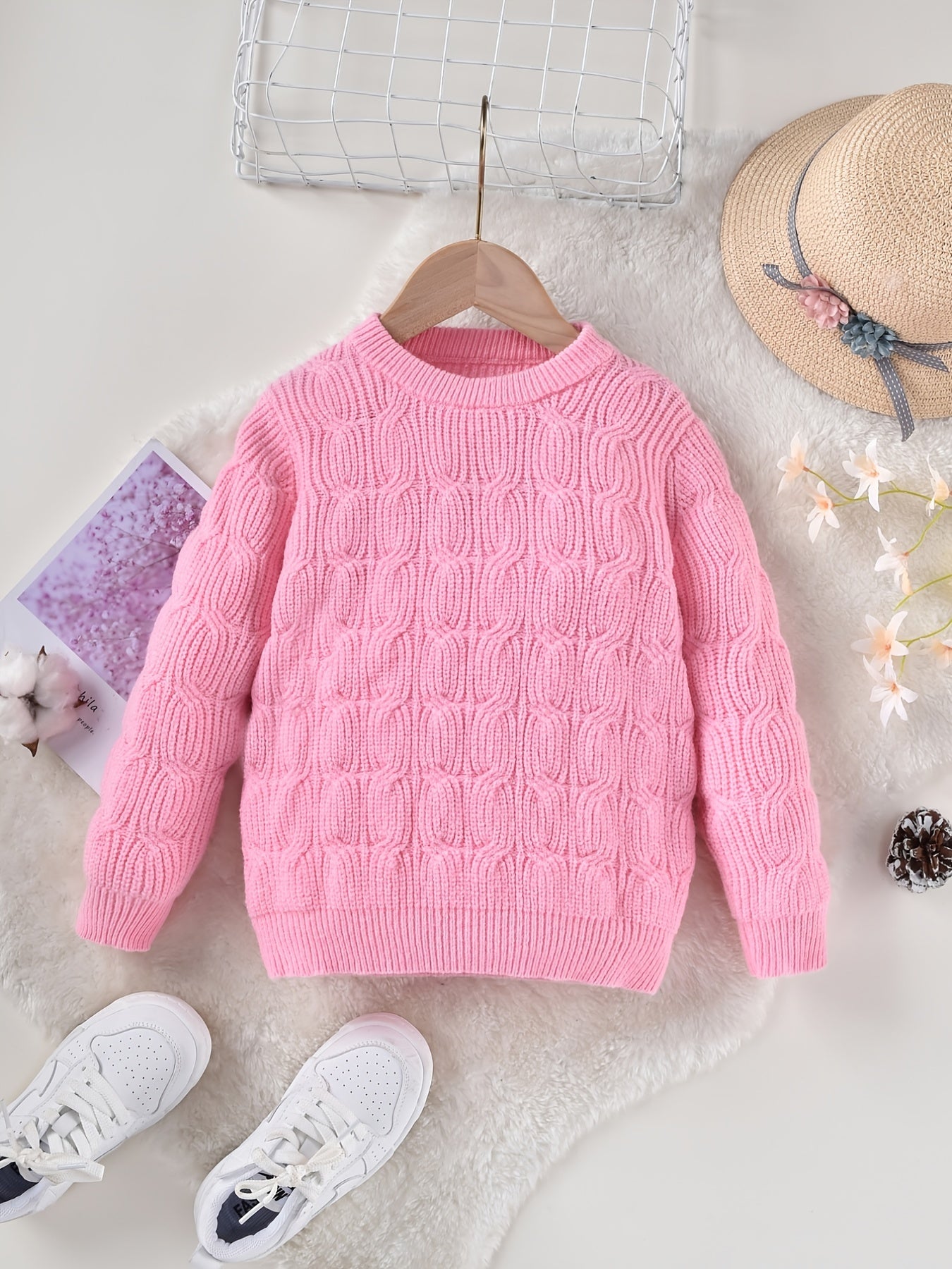 Girls' Jacquard Knitted Crew Neck Warm Sweater Top Pullover