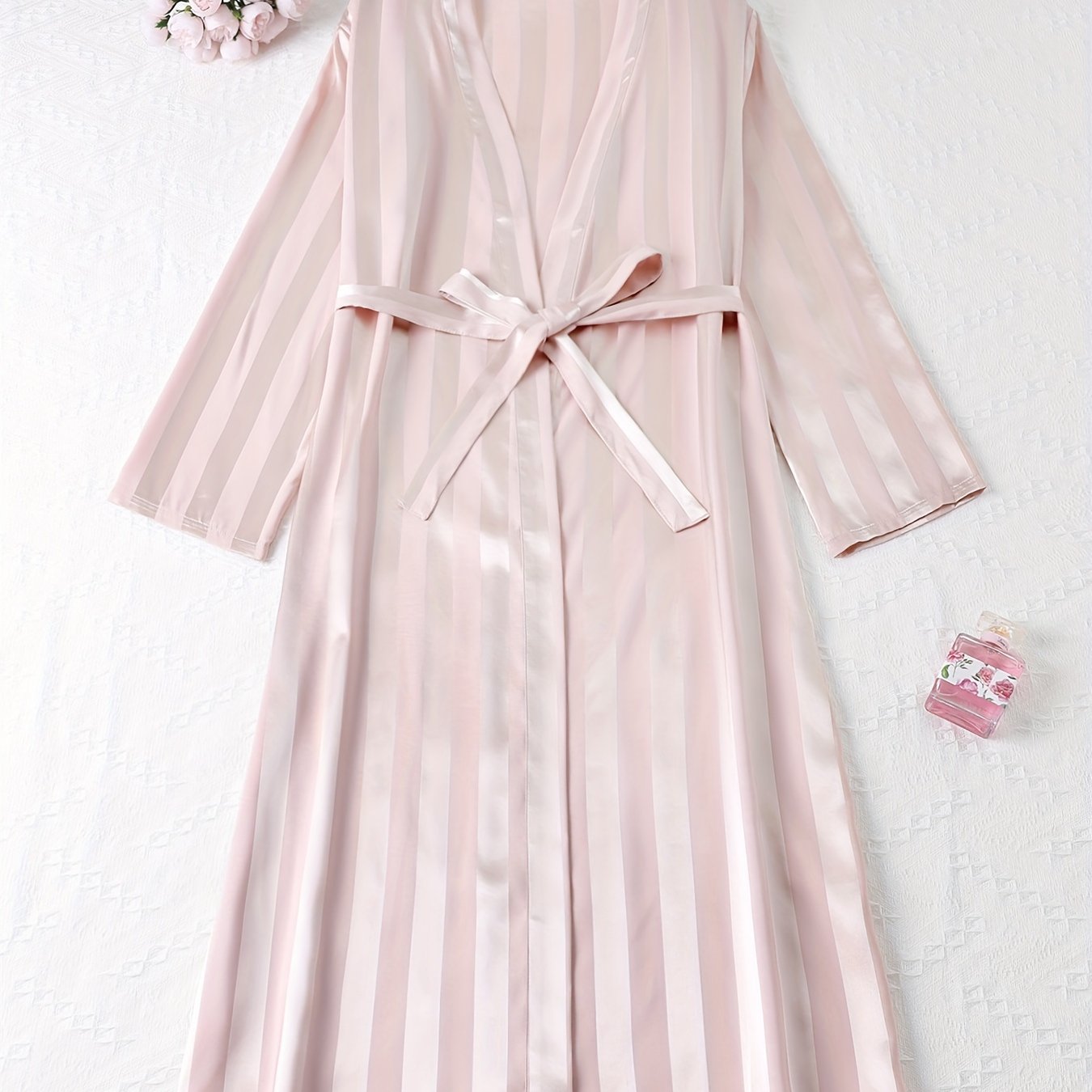 Striped Satin Night Robe Long Sleeve V Neck Robe With Belt