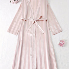 Striped Satin Night Robe Long Sleeve V Neck Robe With Belt