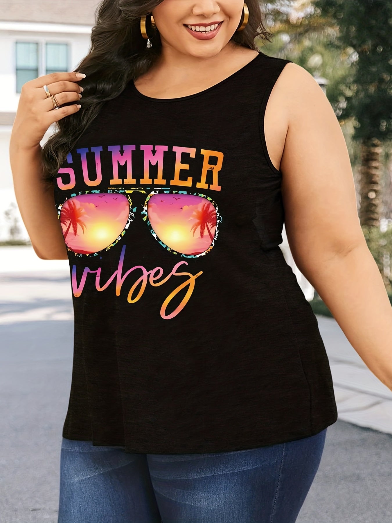 Letter & Glasses Print Tank Top