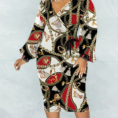 Baroque Print Surplice Neck Tie Midi Dress