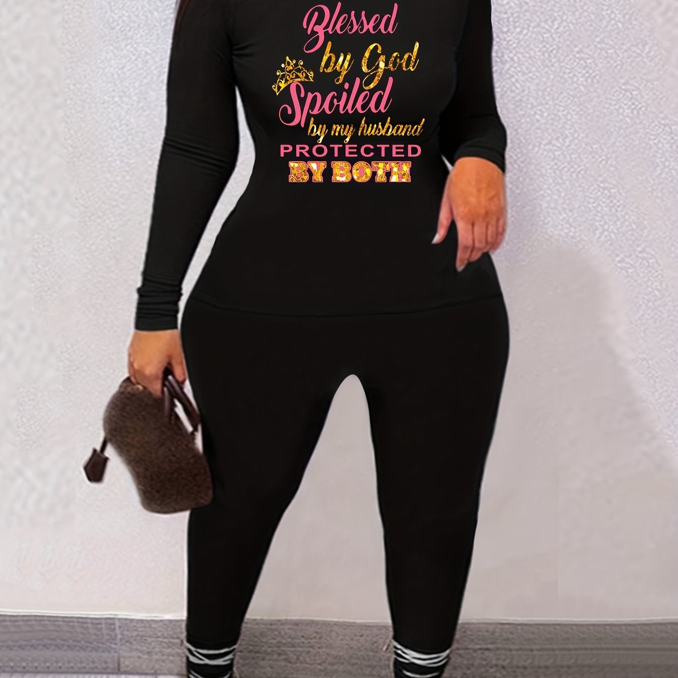 Glitter Crown & Letter Print Tee & Leggings 2pcs Set