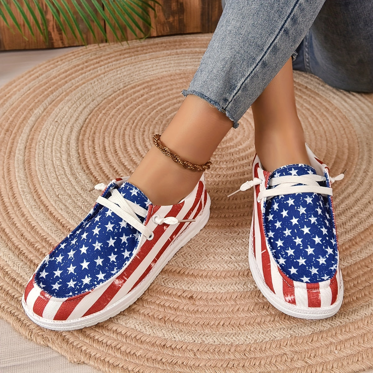 Women's Star & Striped Canvas Shoes Casual Lace Up Outdoor Sneakers Lightweight