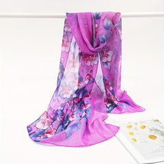 Purple Flower Print Scarf Hijab Shawl Windproof Head Wraps Bandana Women