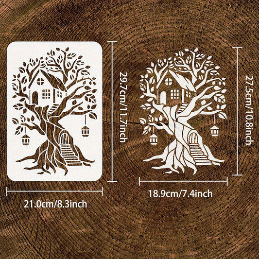 Tree House Stencil - Tree of Life Drawing Stencil - Reusable Log Cabin Craft