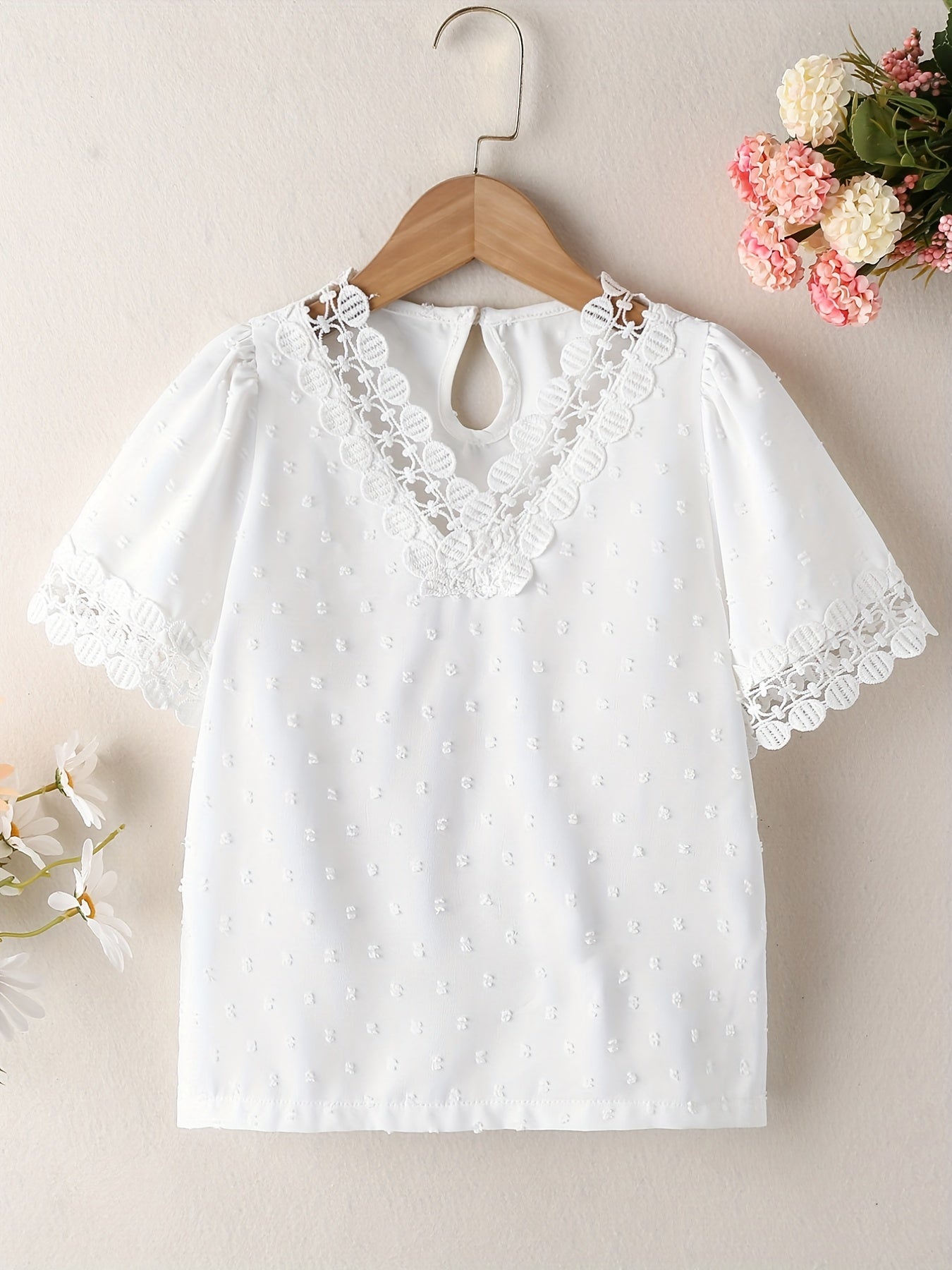 Girls Lace Brim Short Sleeve T shirt For Summer Holiday Party Kids Clothes