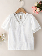 Girls Lace Brim Short Sleeve T shirt For Summer Holiday Party Kids Clothes