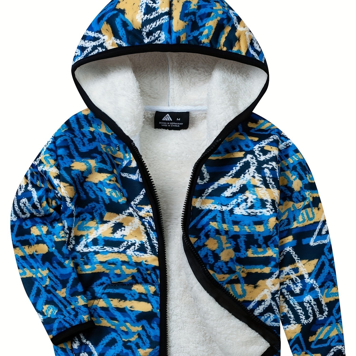 Boys Thick Hooded Sweatshirt Coat Kids Print Zip Up Outdoor Casual Warm Jacket