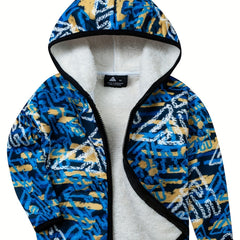 Boys Thick Hooded Sweatshirt Coat Kids Print Zip Up Outdoor Casual Warm Jacket