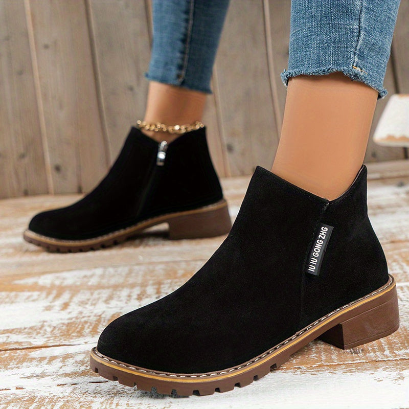 Chunky Heeled Ankle Boots Retro Round Toe Side Zipper Shoes