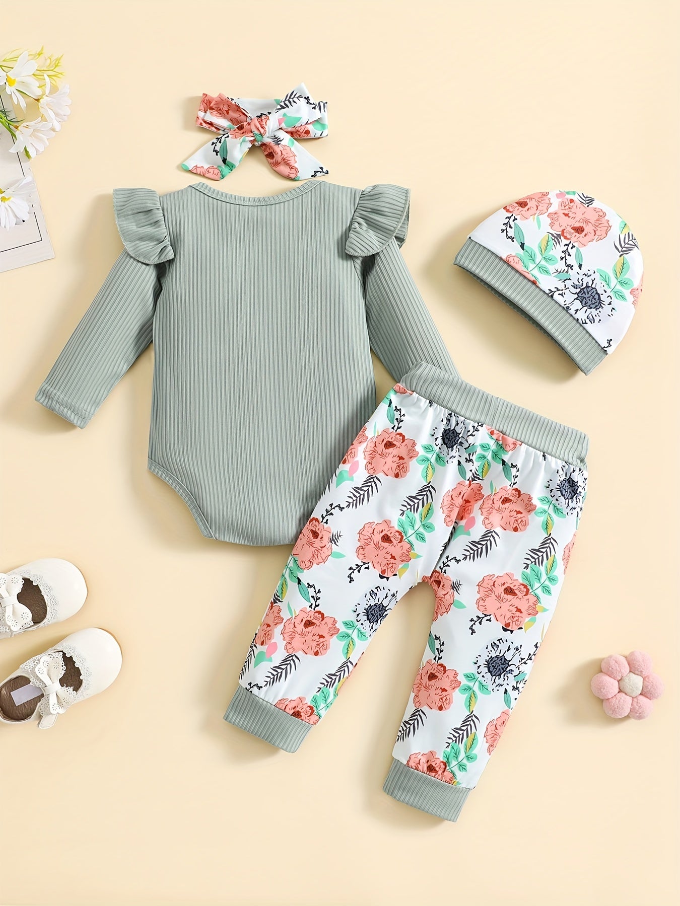 Baby Girls 4pcs Set Long Sleeved Romper Floral Print Trousers