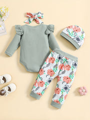 Baby Girls 4pcs Set Long Sleeved Romper Floral Print Trousers