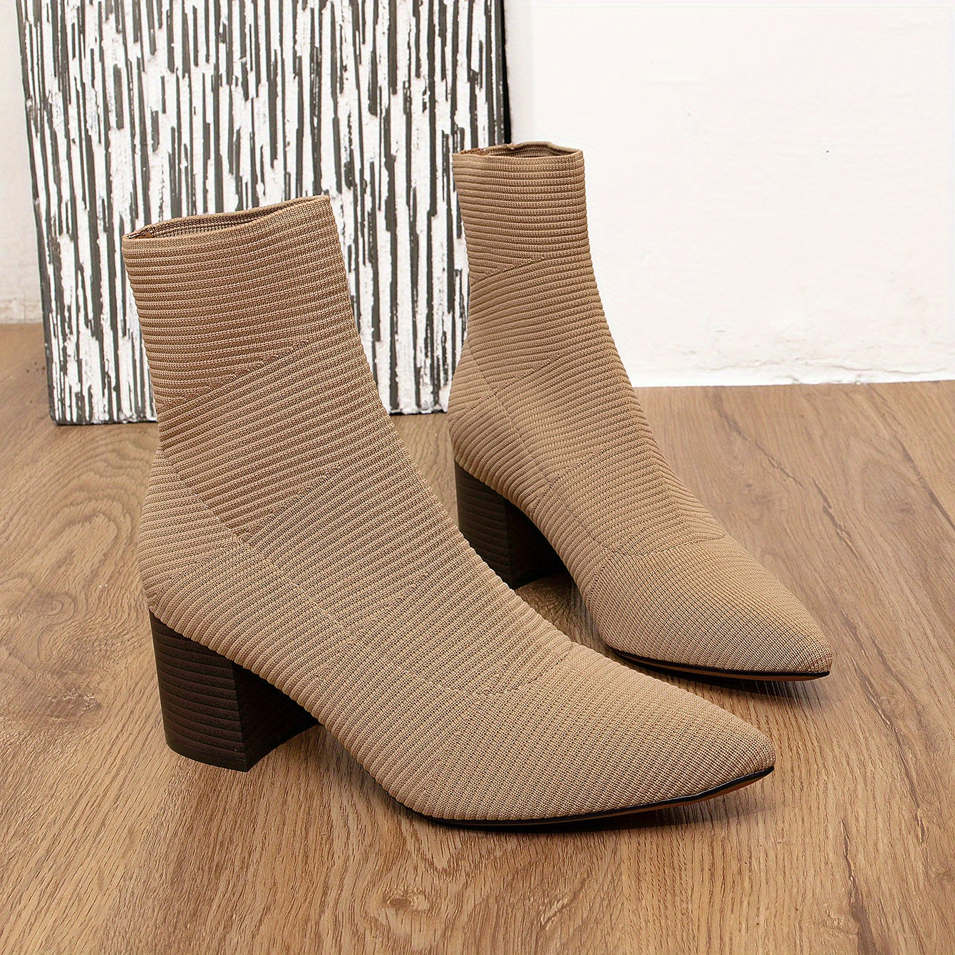 Women's Chunky Heeled Knit Short Boots Casual Ankle Boots Comfortable Solid