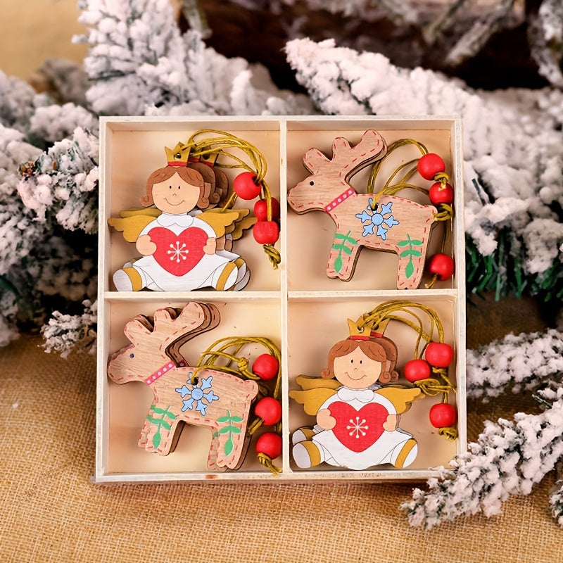 12pcs Wooden Reindeer Doll Christmas Tree Hanging Ornaments