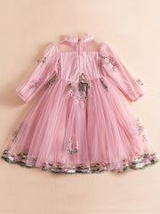 Girls Casual Flower Mesh Sleeves Embroidery Voile Dress For Wedding Party